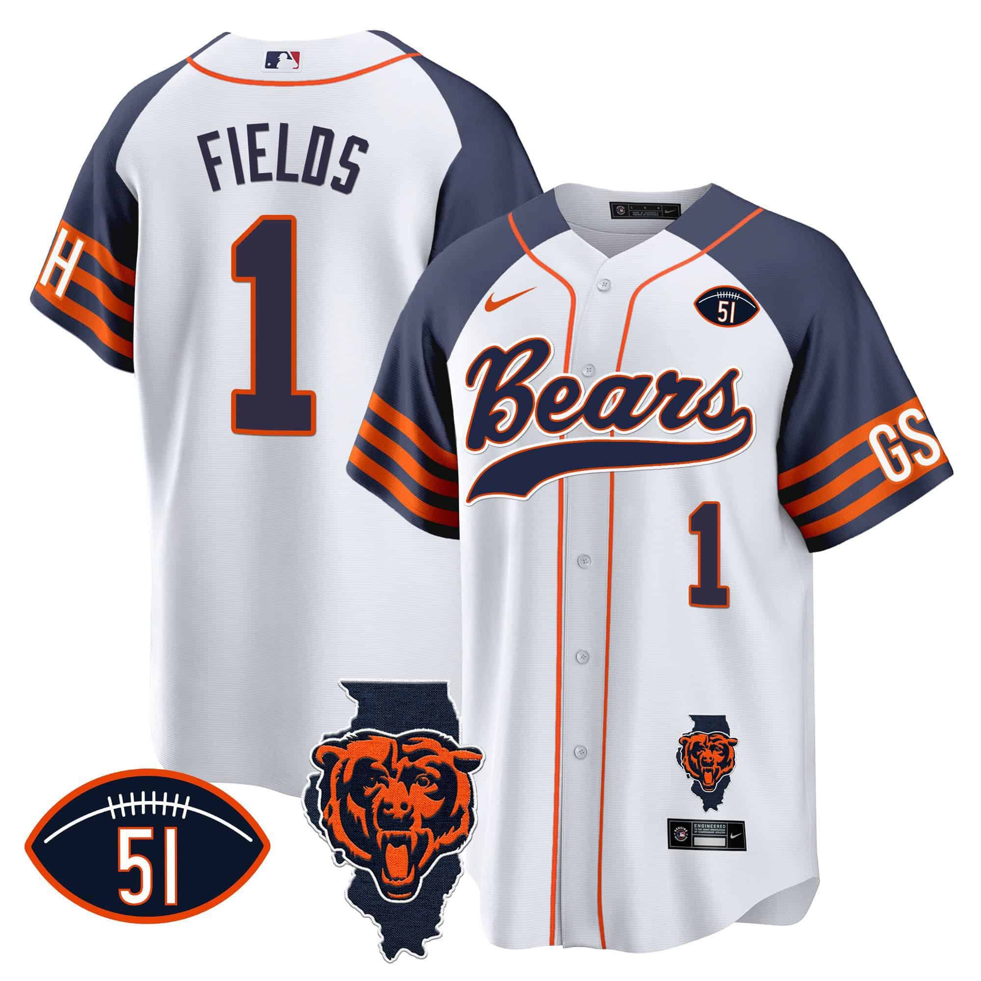 Men Chicago Bears #1 Fields White 2024 Nike Patch Baseball NFL Jersey style 2